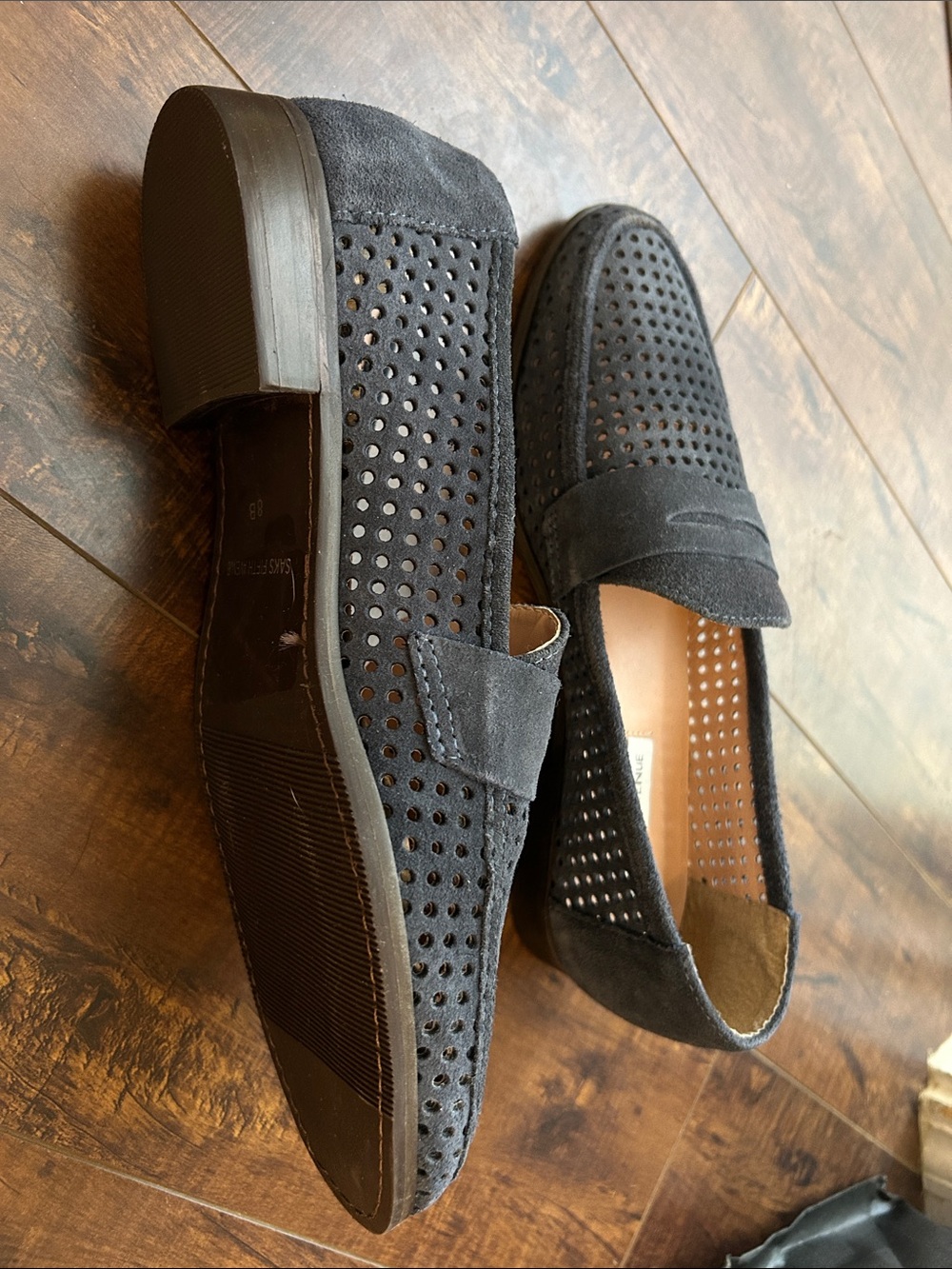 Saks Fifth Avenue Navy Suede Perforated Penny Loafers - Picture 4 of 5